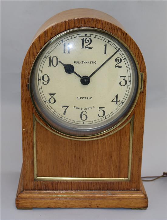 An early 20th century oak cased PUL-SYN-ETIC electric pendulum type impulse master clock and similar slave mantel timepiece, 4ft 4.5in.
